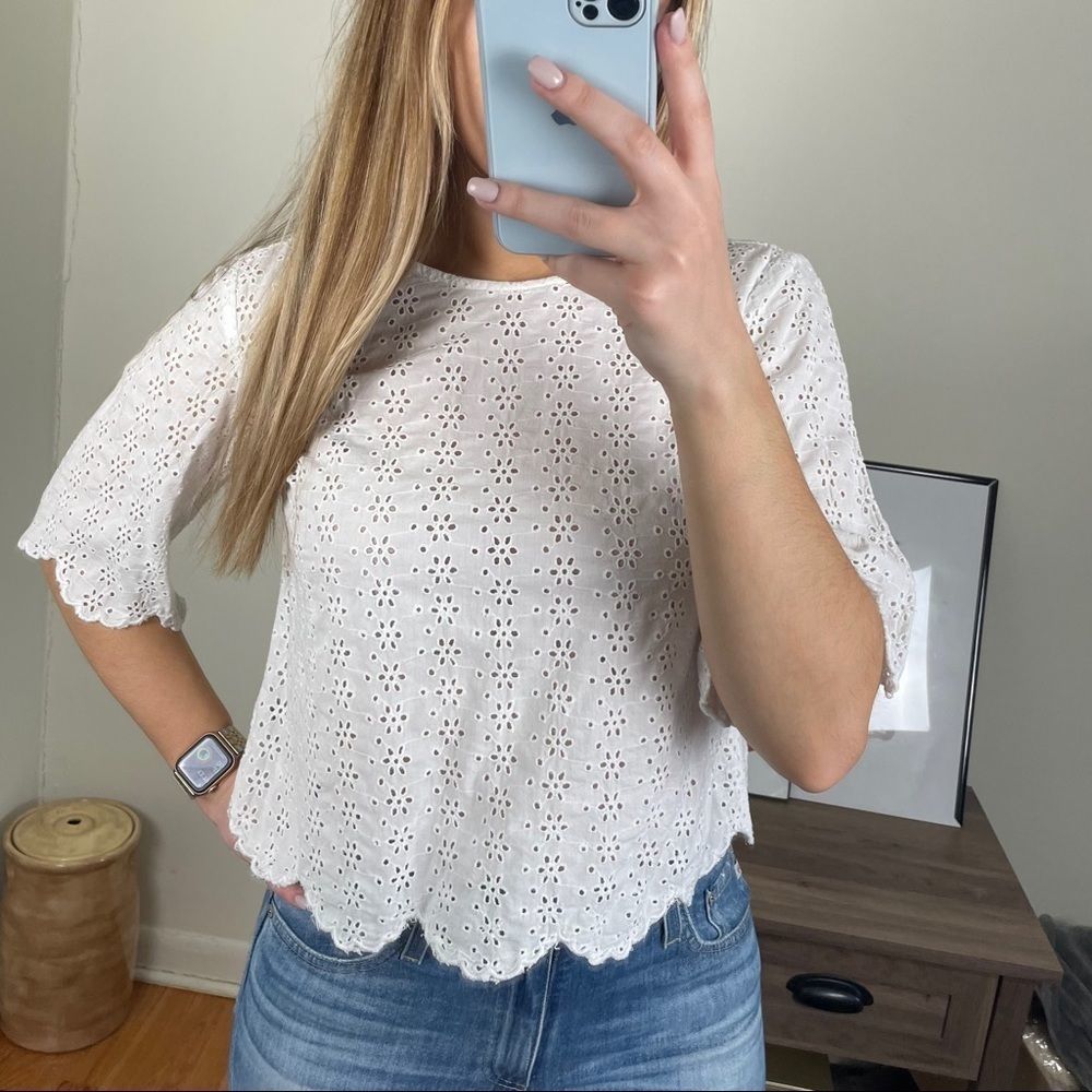 Aerie White Eyelet Scallop Hem Crop Top